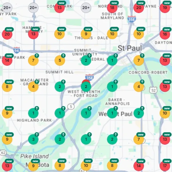 Before: mostly red and yellow ranking points across St. Paul